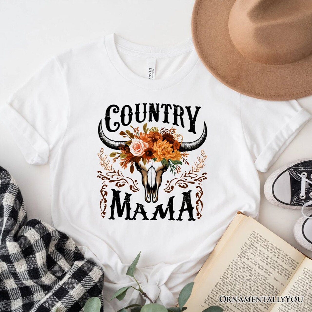 Country Mama Floral Buffalo Skull Vintage T-Shirt, Western Natural and White Women’s Tee